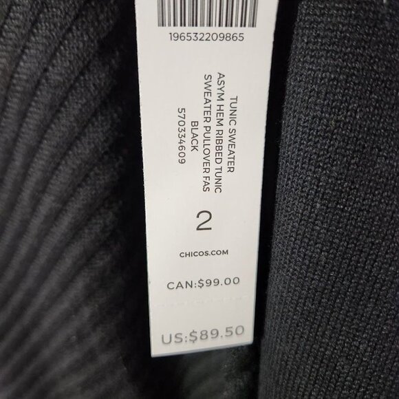 NWT Chico's Asymmetrical Hem Ribbed Tunic in Black‎ Size 2 (US Size Large) - Picture 3 of 6